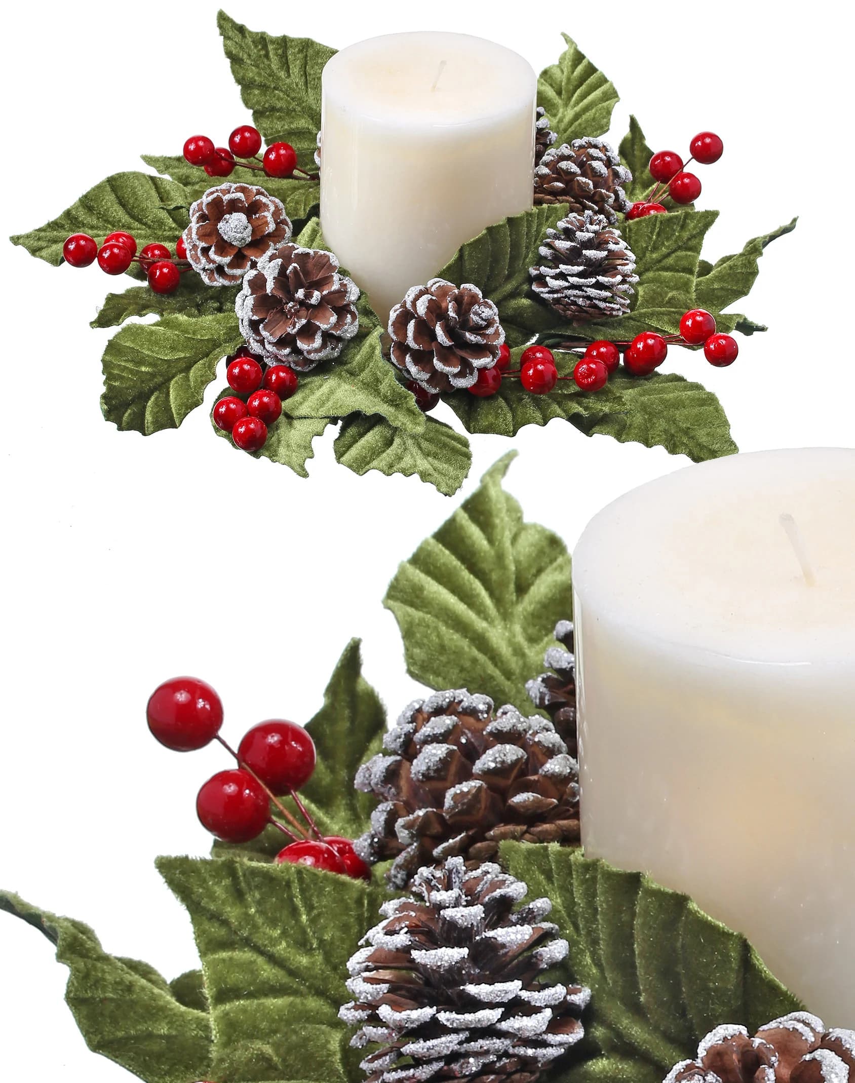12" Red & Green Velvet Holly Leaves And Berry Candle Ring/Candle Decor/Table Decor/Centrepiece Decor/Candle Ring/Christmas Table Decor
