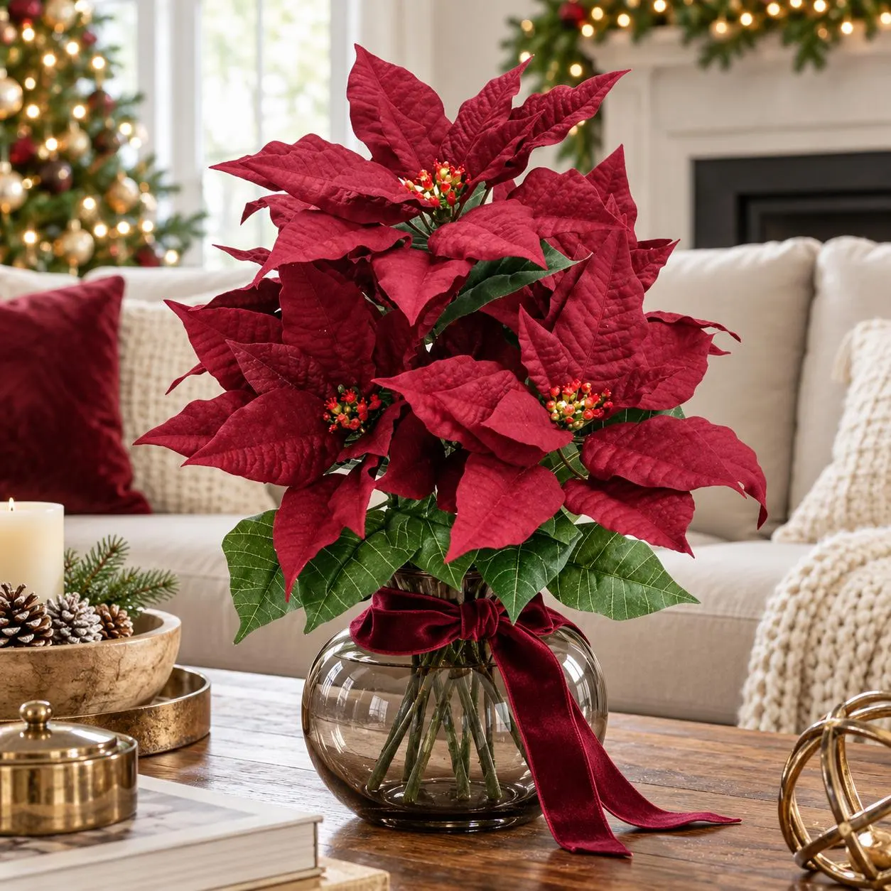 7 Heads, 19 Inch Burgundy Poinsettia Bush, Artificial Christmas Flowers