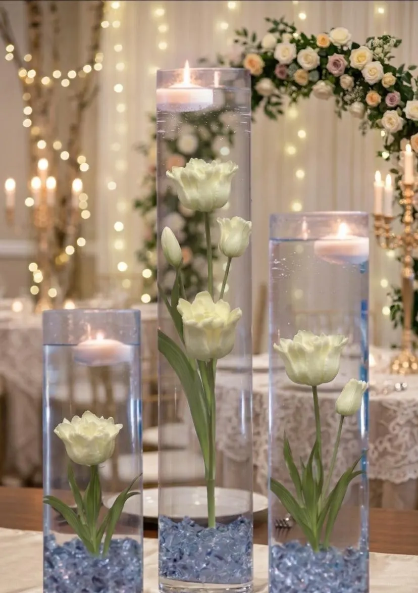 Submersible Fresh Touch White Ruffled Parrot Tulip Floral Wedding Centerpiece with Floating Candles and Acrylic Crystals Kit