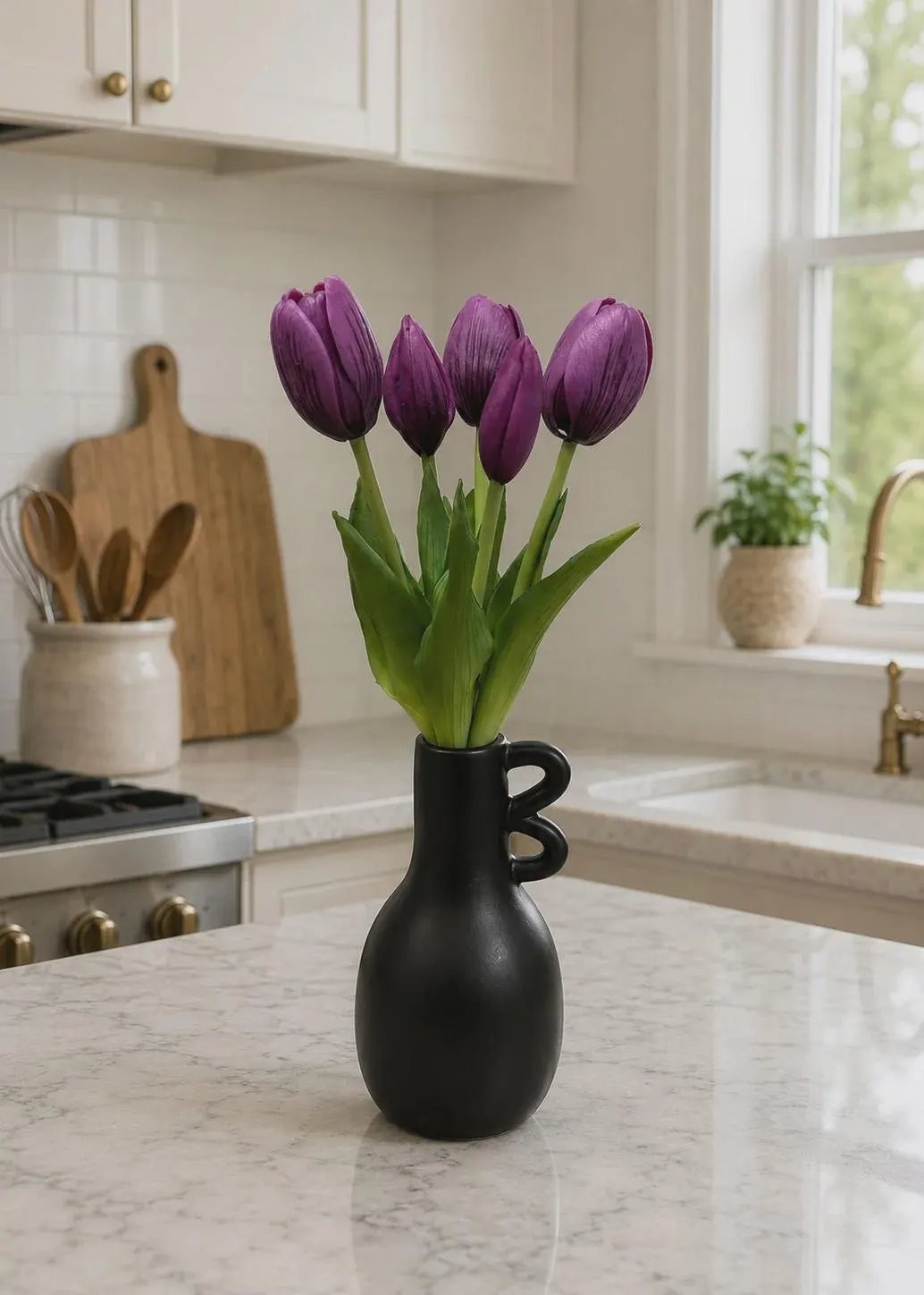 9.5" Mini Purple Tulip Bundle (5 Stems) – Fresh Touch Faux Deep Purple Tulips, 3 Flower Heads and 2 Buds for Small Vases & Decor