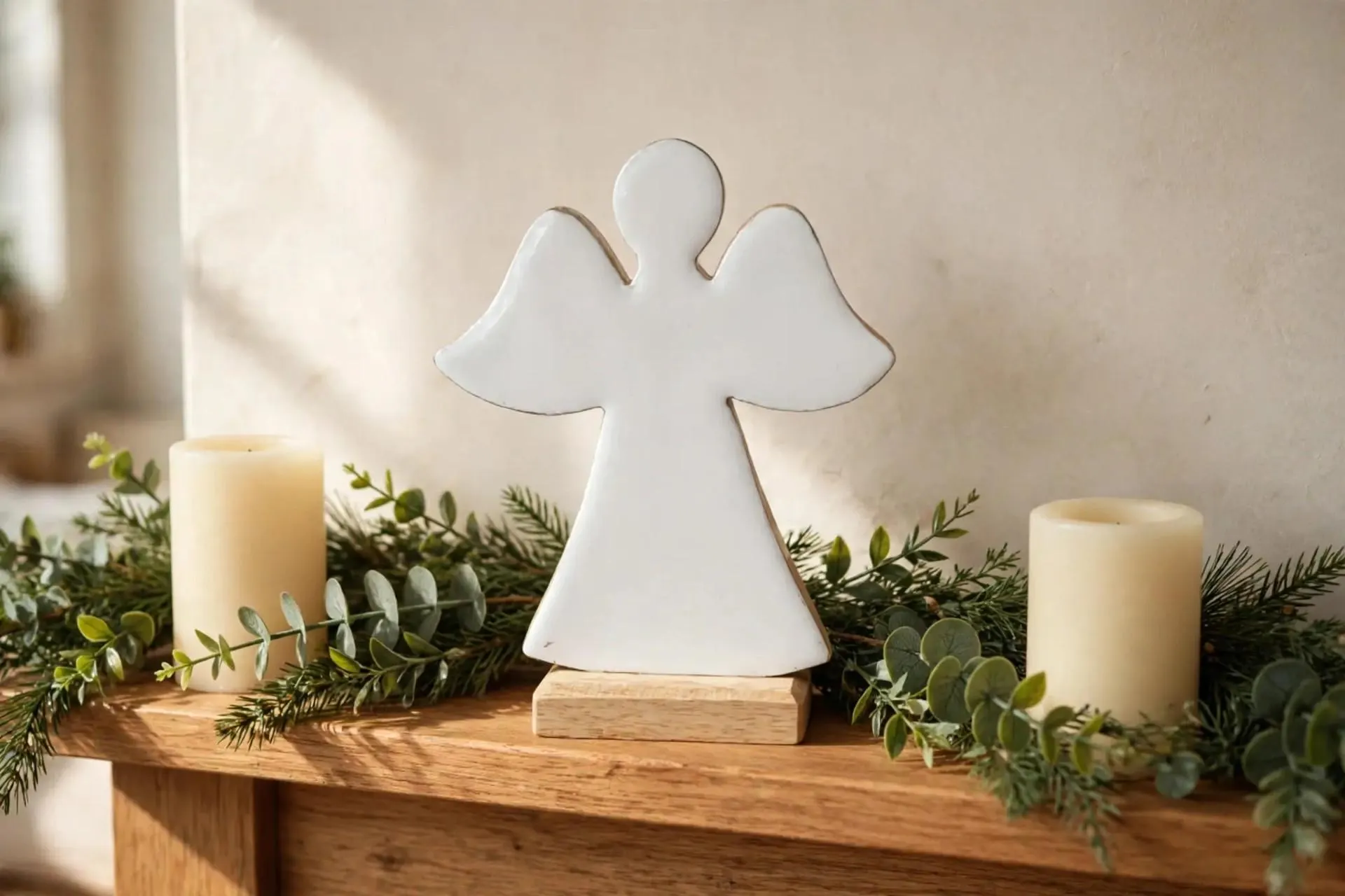 Wooden Angel on Base White Enamel Large 9.4 Inch | Glossy White Angel Tabletop Decor | Christmas Shelf Sitter