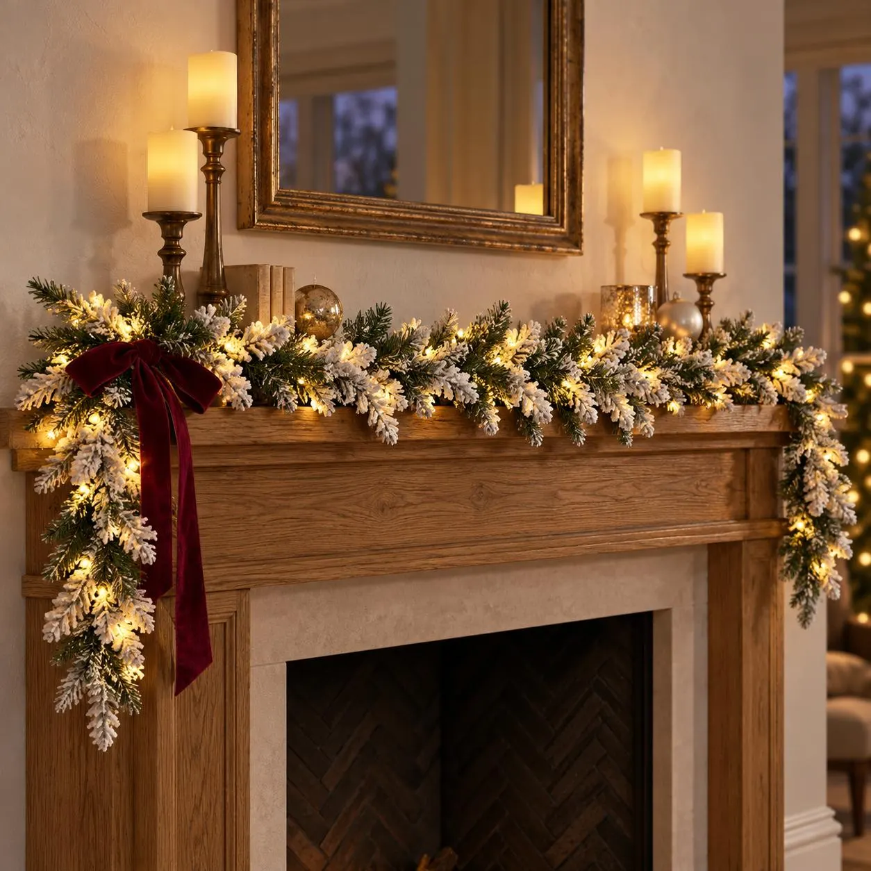 6 Foot x 12 Inch Snowtip Aspen Garland with 500 LED Lights, Snowy Green Christmas Mantel and Staircase Decor