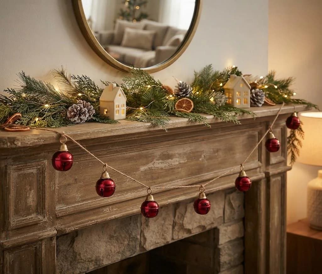 4.5 Ft Burgundy Metal Bell Garland, 4" Jingle Bells on Rustic Rope, Primitive Farmhouse Christmas Mantel & Staircase Decor, Holiday Accent