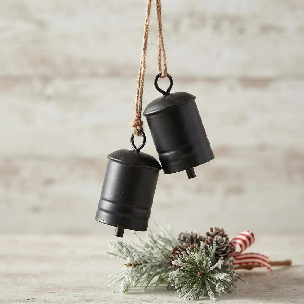 15" Black Metal Can Bell Hanger, Primitive Jingle Bells on Rustic Strand, Farmhouse Christmas Door & Mantel Decor, Vintage Holiday Accent