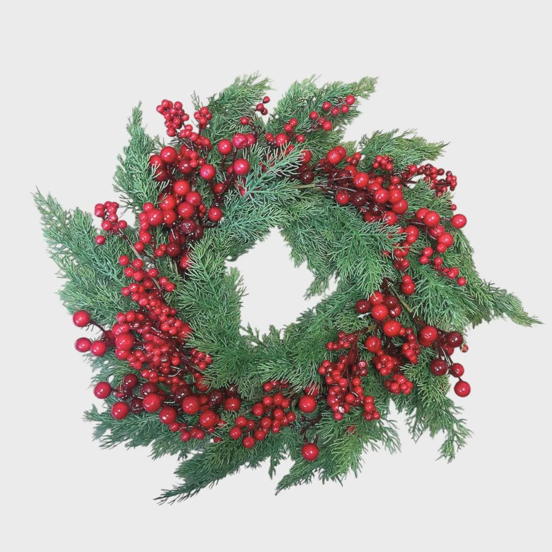 22" Red Berry & Cedar Wreath/Garlands/Wedding Centerpieces/Home Decor/Faux Vines/Silk Vines/Garlands