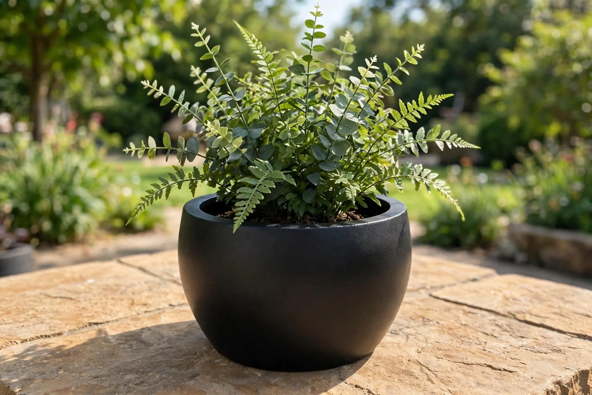 Ficonstone Round Pot Black 12.6x8.4 Inch | Rounded Bowl Planter Thick Rim | Garden Pot