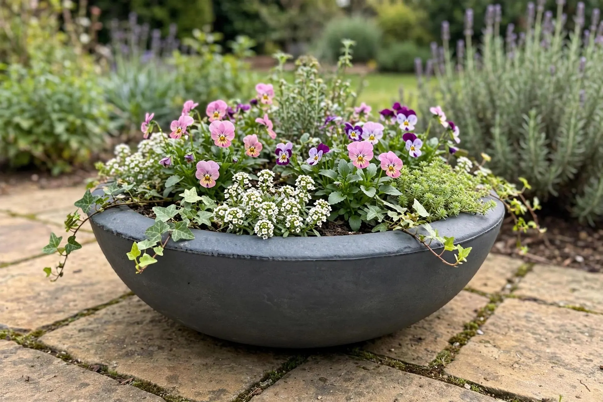 Eco Plastic Lip Bowl Slate 21x7.7 Inch | Large Shallow Bowl Planter | Garden Centrepiece