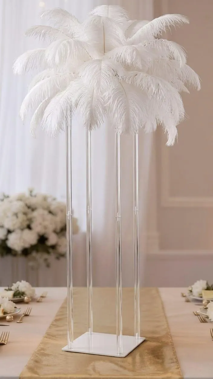 24" Clear Acrylic Pillar Centerpiece with White Ostrich Feathers, Modern Wedding Flower Stand, Crystal Column Party Decor, Luxury Tabletop