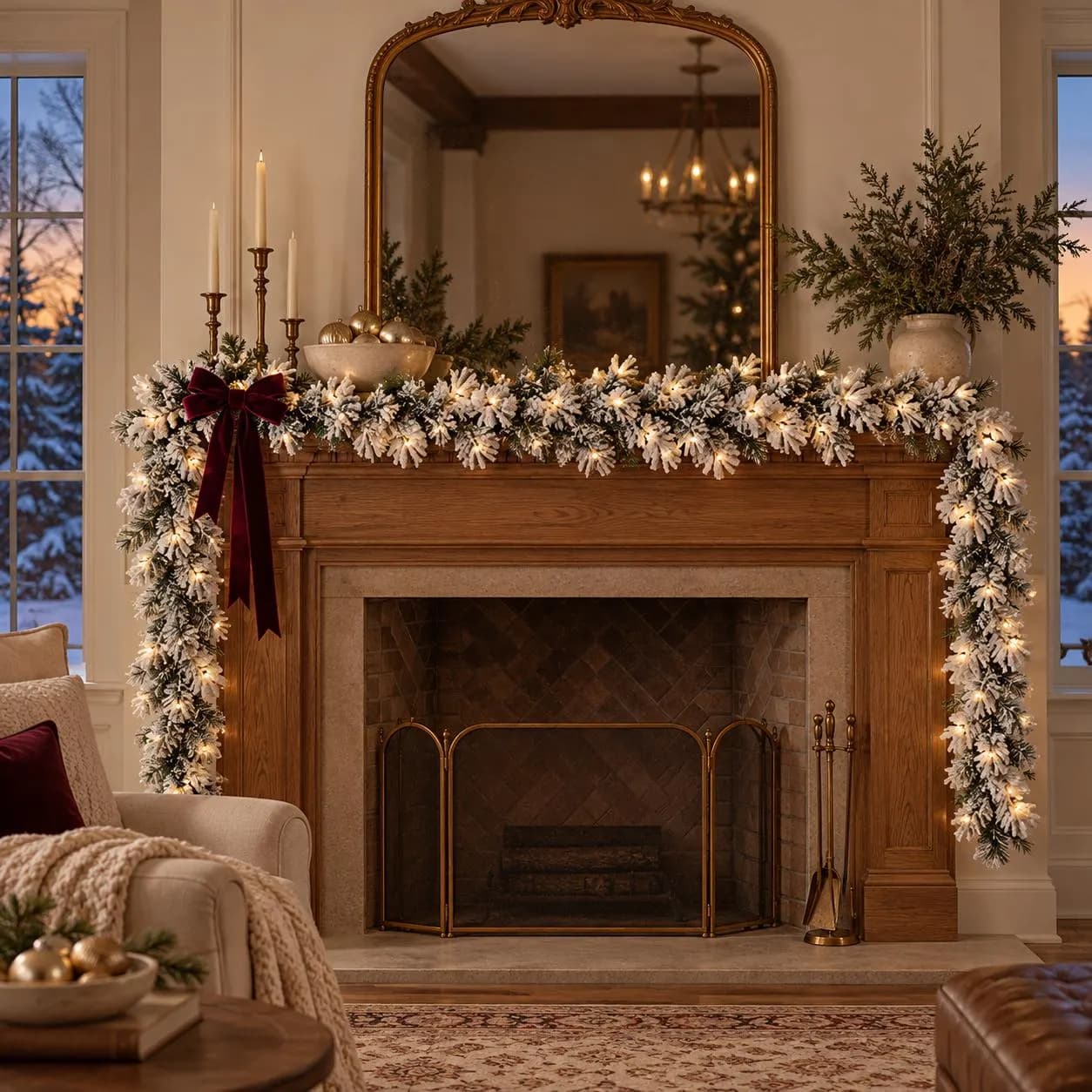 9 Foot x 10 Inch LED Flocked Furry Pine Garland, 100 Lights, Snowy Green and White Christmas Mantel Decor