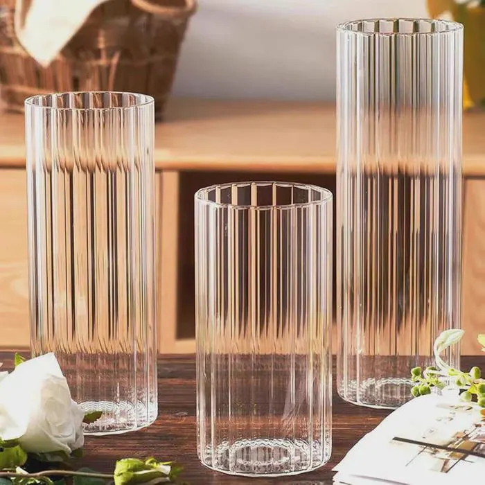 Set of 3 Cylinder Vase/4"/6"/8"/Elegant Modern Glass Striped Cylinder Vase Set/Pillar/Floating/Holders/Ribbed Cylinder/Ribbon/Wedding Decor/