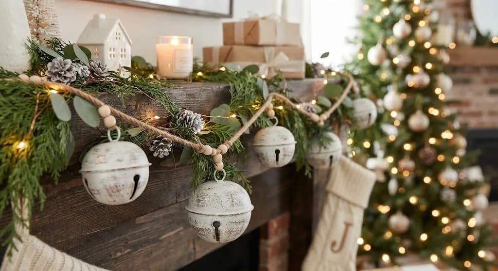54" Antique White Jingle Bell Garland, Rustic Christmas Tree Decor, Vintage Style Hanging Bells, Holiday Mantel & Staircase Accent