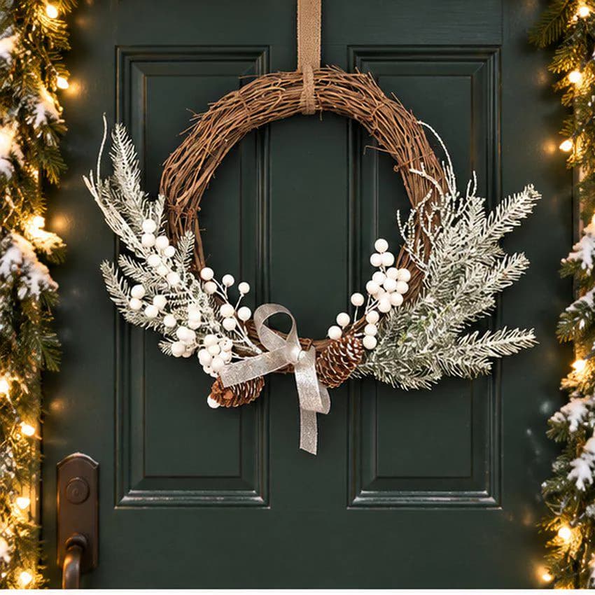14 Inch Winter Wreath with White Berries, Pine Cones and Gray Bow, Small Christmas Door Decor