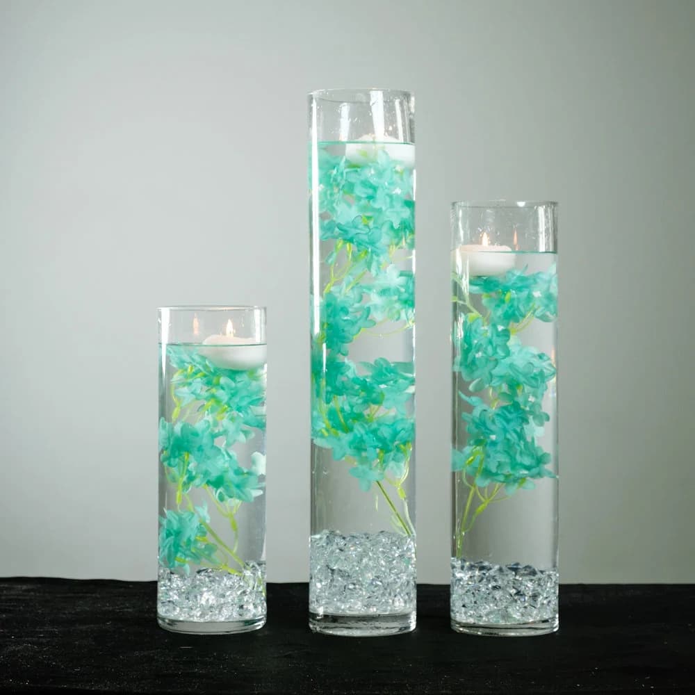 Submersible Turquoise, Blue, Pink, White Cherry Blossoms Floral Wedding Centerpiece with Floating Candles and Acrylic Crystals Kit