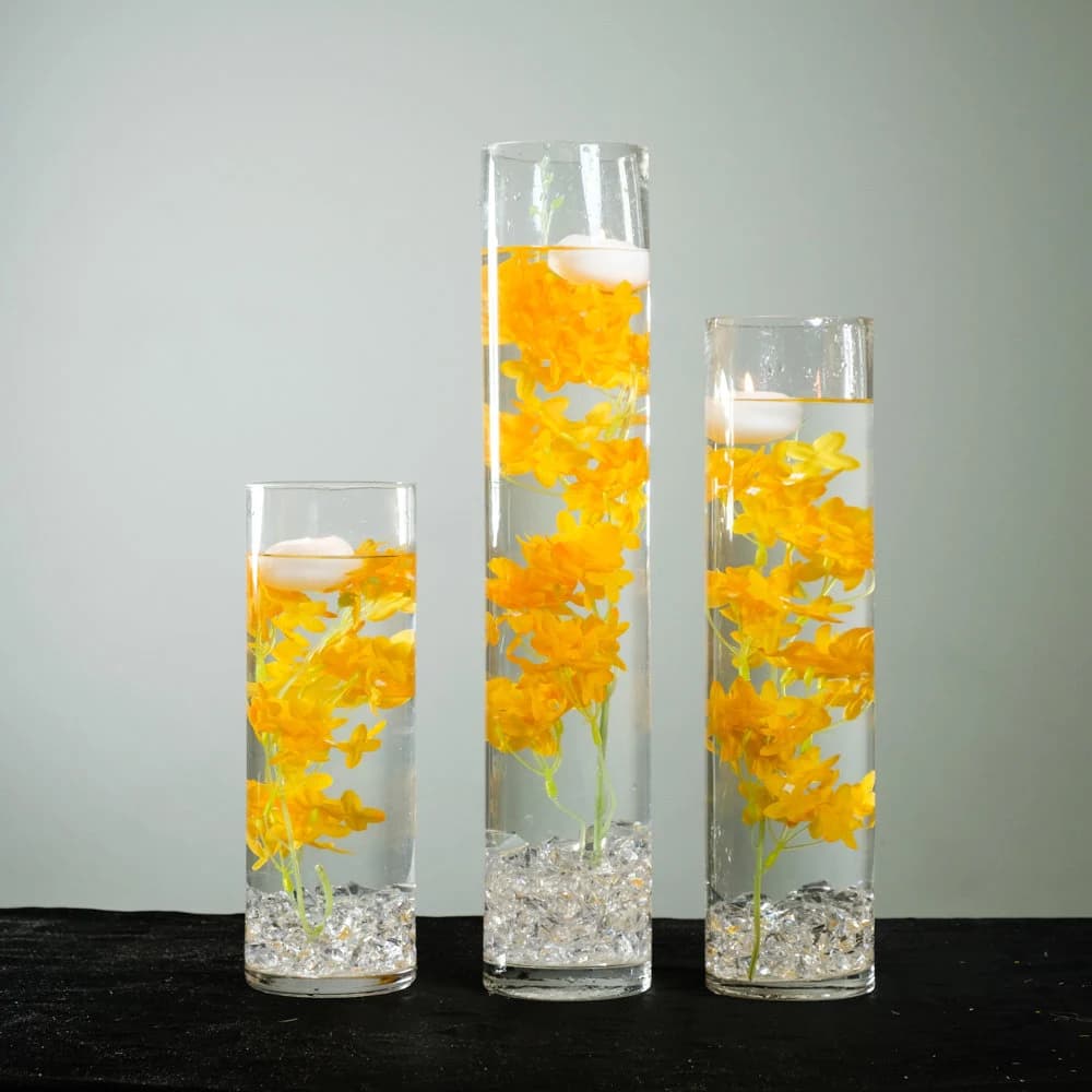 Submersible Yellow Cherry Blossom Floral Wedding Centerpiece with Floating Candles and Acrylic Crystals Kit