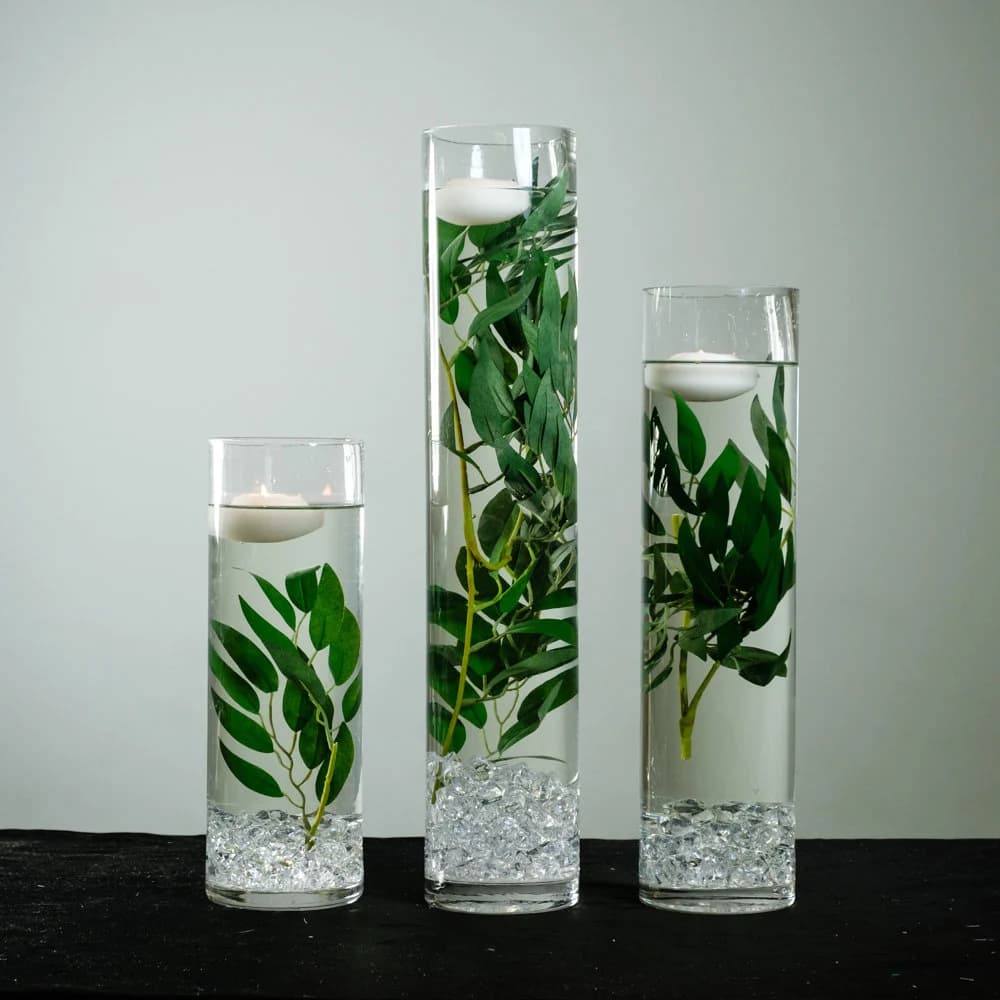 Submersible Green Mini Fern Stems Floral Wedding Centerpiece with Floating Candles and Acrylic Crystals Kit